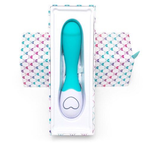 An image of the Lovelife Cuddle in turquoise resting inside its open packaging, the bottom part of the box propped up against the lid. The box is white with turquoise, pink and purple patterning.