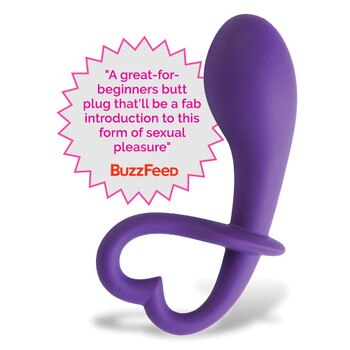 An image of the purple body-safe silicone Lovelife Dare curved prostate pleasure plug on a white background. Its extraction ring is curved into a stylized heart shape.