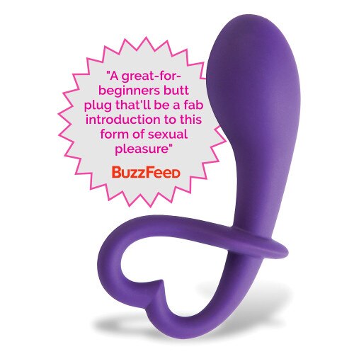 An image of the purple body-safe silicone Lovelife Dare curved prostate pleasure plug on a white background. Its extraction ring is curved into a stylized heart shape.