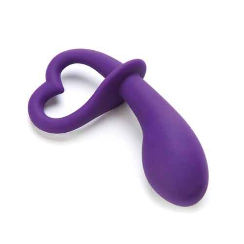 An image of the dark purple Lovelife Dare lying on its side on a white background. The bulb of the plug is curved and angled for prostate stimulation.