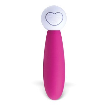 A vertical view of the upright Lovelife Discover vibe. It has an ovoid pink shaft and a spherical white handle at the end with controls.