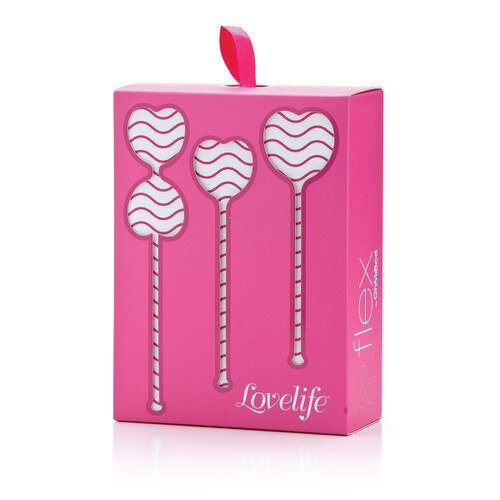 The Lovelife Flex packaging standing upright on a white background. A pink box sleeve with the words "Lovelife... & Flex"