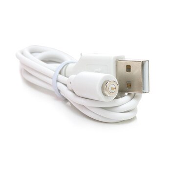 an image of a coiled white USB charging cable with a magnetic port attachment on one end on a white background