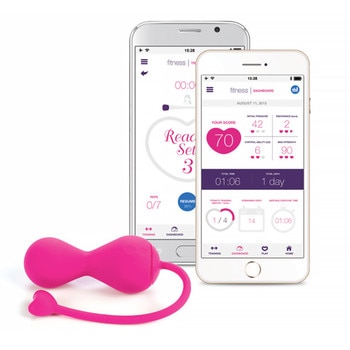 The lovelife krush pink smart kegel massager is shaped like an hourglass with a flexible silicone tail. Beside it are two smartphones displaying the TASL app.