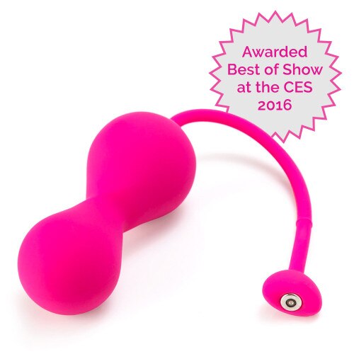 An image of the hourglass shaped pink Lovelife Krush. At the tip of the tail is a small heart-shaped ball with a magnetic charging port. A pink badge reads Best of CES winner.