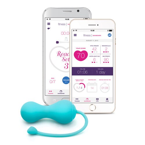 The lovelife krush turquoise smart kegel massager is shaped like an hourglass with a flexible silicone tail. Beside it are two smartphones displaying the TASL app.