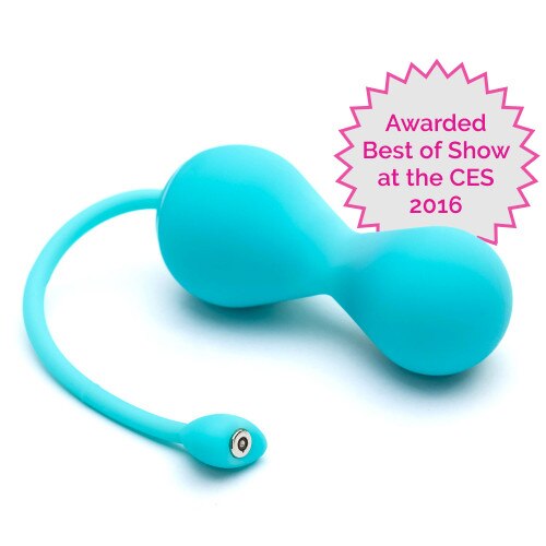An image of the hourglass shaped turquoise Lovelife Krush. At the tip of the tail is a small heart-shaped ball with a magnetic charging port. A pink badge reads Best of CES winner.