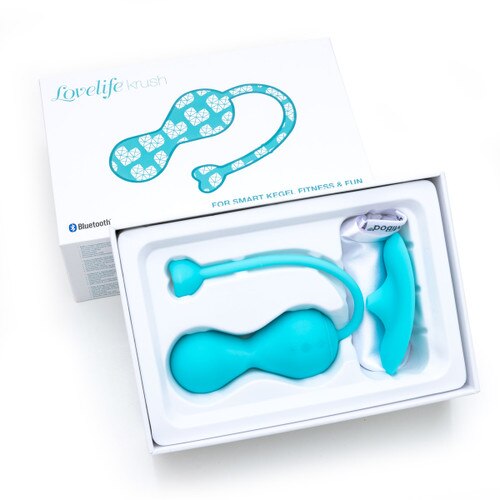 An image of the turquoise Lovelife Krush and its included accessories in its white and turquoise packaging.
