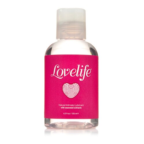 A clear plastic bottle of Lovelife natural intimate lubricant with a clear plastic cap and pink label on a white background.