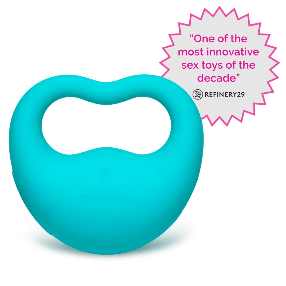 An image of the turquoise Lovelife Rev massager. It has an opening contoured to comfortably fit two fingers for easy grip on top, and the OhMiBod logo subtly embossed on the main mass of the massager