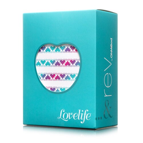 An image of the Lovelife Rev packaging. A turquoise box stands on a white background.