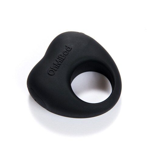 An angled view of the Share vibrator on its side on a white background. The OhMiBod logo is embossed on the side.
