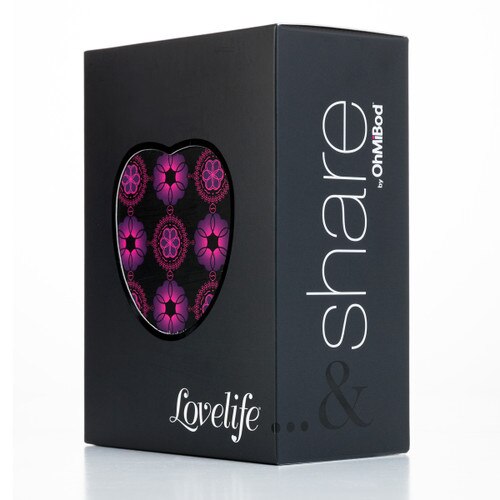 An image of the box that the Lovelife Share comes in. It is black and purple with the words "Lovelife... & share" in embossed lettering.