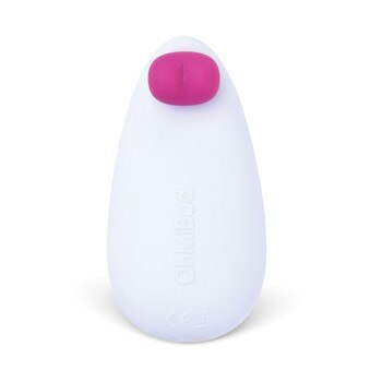 An image of the underside of the Lovelife Smile massager. The body of the massager is a white egg-shape, with a pink silicone nub with a groove in it at the tip. The OhMiBod logo is visible.