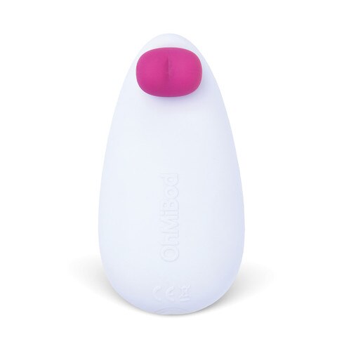 An image of the underside of the Lovelife Smile massager. The body of the massager is a white egg-shape, with a pink silicone nub with a groove in it at the tip. The OhMiBod logo is visible.