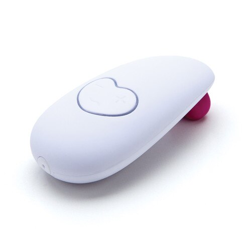 An image of the Lovelife Smile lying on a white background, viewed at an angle. The top of the massager with the controls is visible, as is the charging port at the bottom.