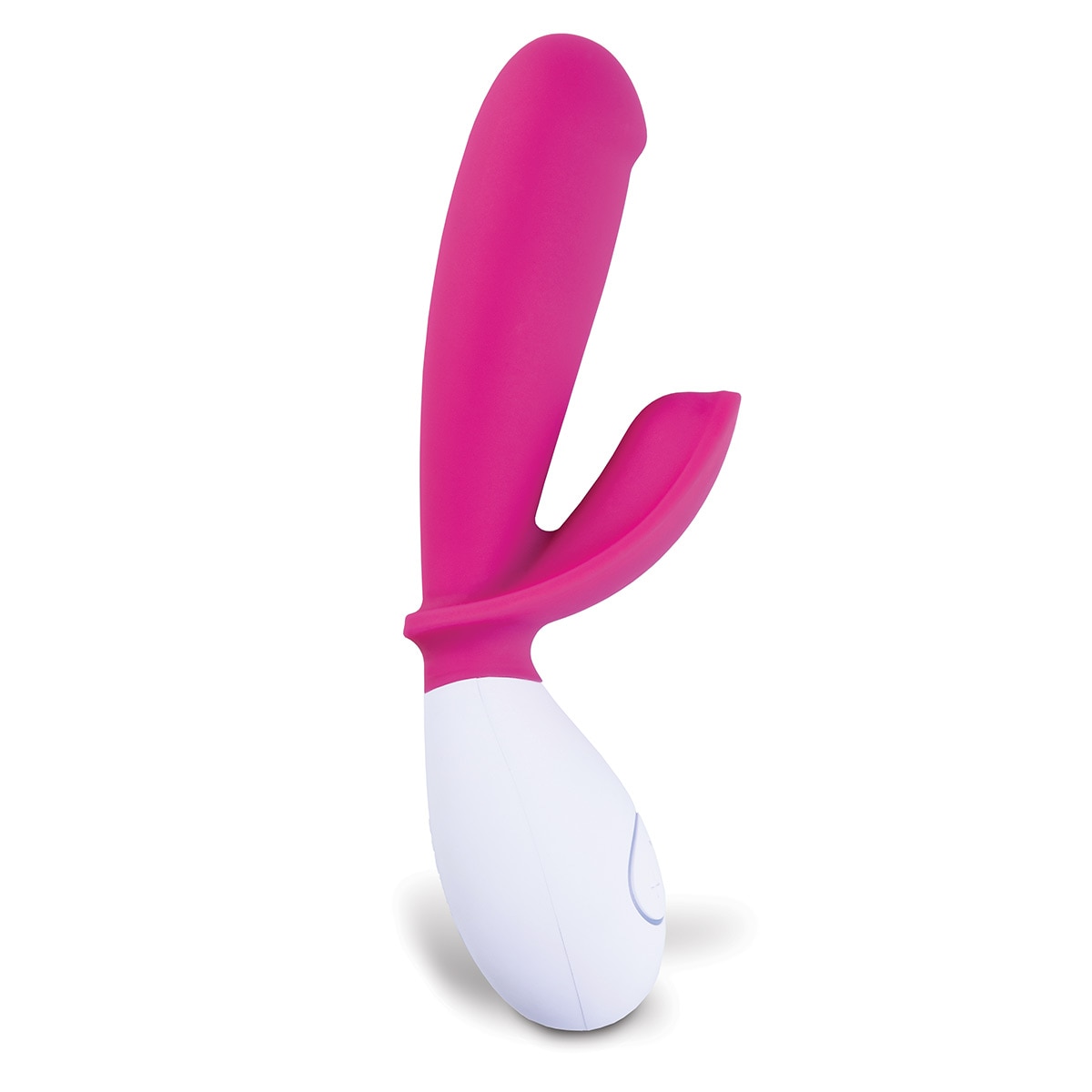 An upright side view of the Lovelife Snuggle pink and white silicone dual-stim vibrator.