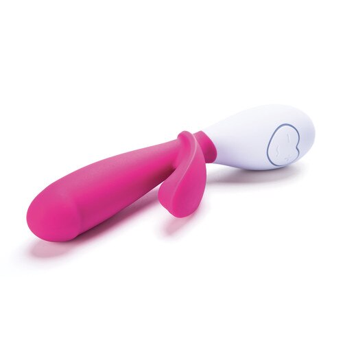 A view of the Lovelife Snuggle pink and white silicone dual-stim vibrator lying on its side on a white background.