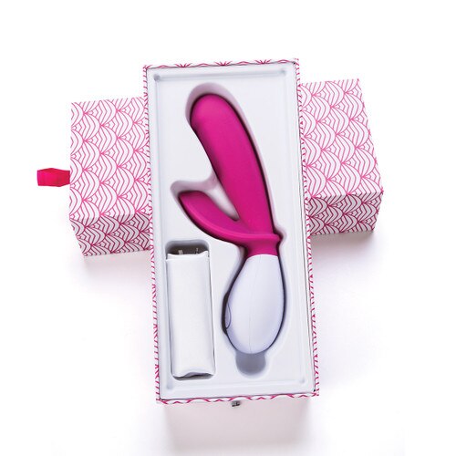 An image of Lovelife snuggle in its open packaging. The box exterior is patterned in white and pink.
