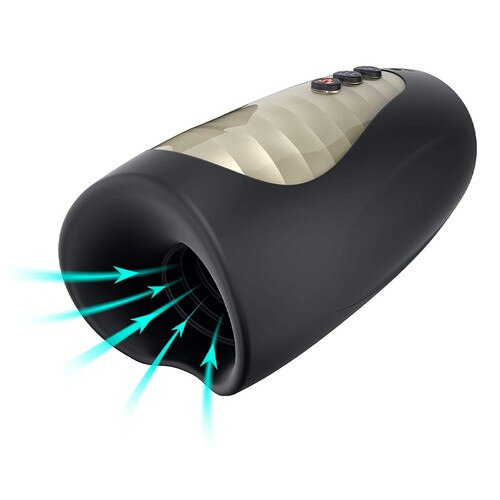 Angles view of the Man Wand Pump One Masturbator with arrows illustrating vibration flow