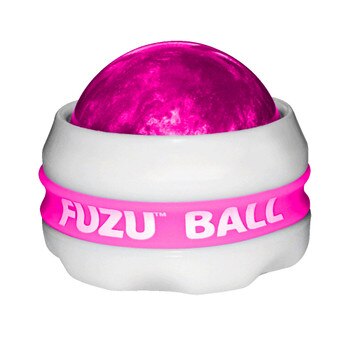 An image of a pink fuzu massage ball in its white and pink grip.