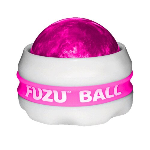 An image of a pink fuzu massage ball in its white and pink grip.