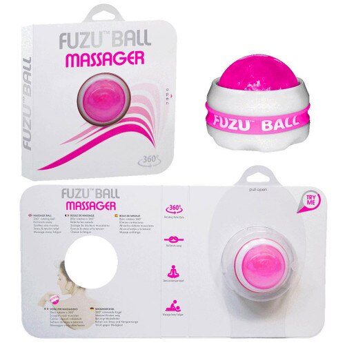 A series of images of the fuzu ball massager, its external packaging, and the interior open packaging.