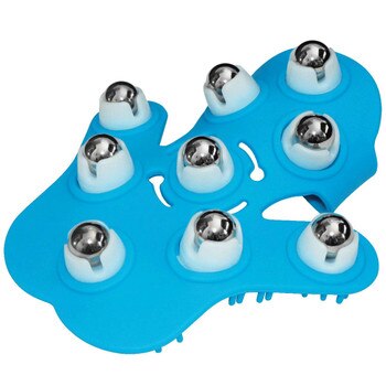 An image of a blue glove with 9 white plastic sockets in its surface holding small silver balls for massage.