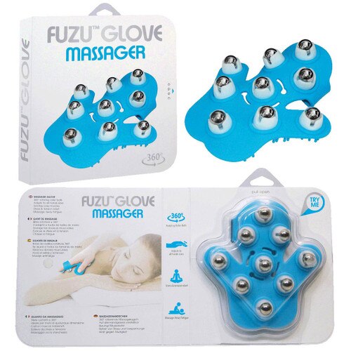 Images of the fuzu massage glove packaging