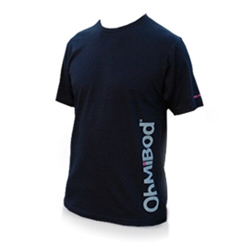 A men's black crewneck t-shirt with the ohmibod logo in gray and pink running up the side.