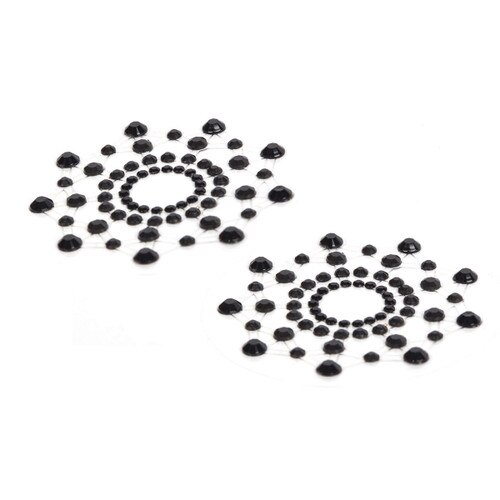 An image of a pair of black rhinestone nipple pasties in starburst shapes.
