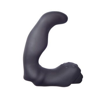 An L-shaped curved black prostate toy on a white background