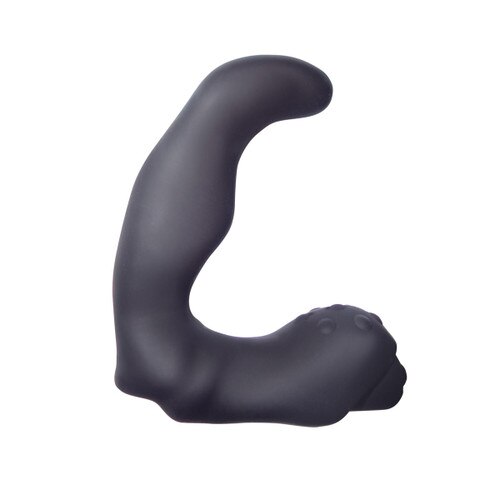 An L-shaped curved black prostate toy on a white background