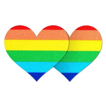 Front view of the pride rainbow Nippies Style One Love Hearts - Size B pasties on a white background