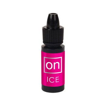A small black bottle of ON Ice with a pink and white label, sitting on a white background