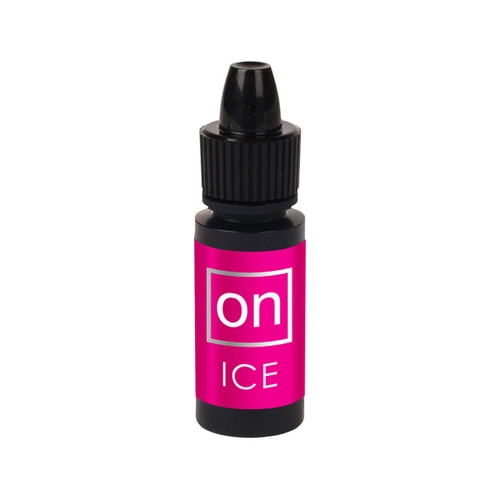 A small black bottle of ON Ice with a pink and white label, sitting on a white background