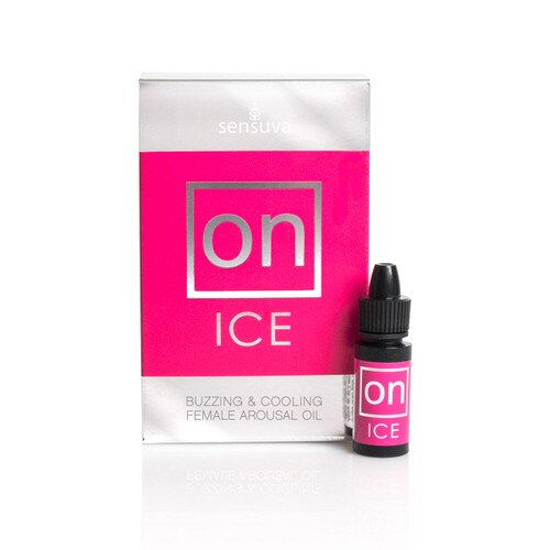An image of a bottle of ON ice buzzing and cooling female arousal oil standing next to its pink and silver packaging.