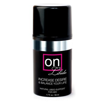 A black cylindrical container of ON libido for her to increase desire and balance your life. 1.7 fluid ounces or 50 ml