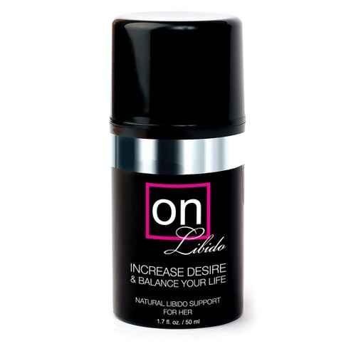 A black cylindrical container of ON libido for her to increase desire and balance your life. 1.7 fluid ounces or 50 ml