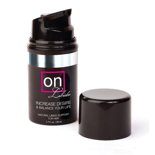 ON libido for her with the lid removed to reveal a pump applicator.