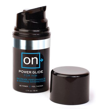 A container of ON powerglide for him with a pump cap lid. The bottle is black with blue and white accents on the label.