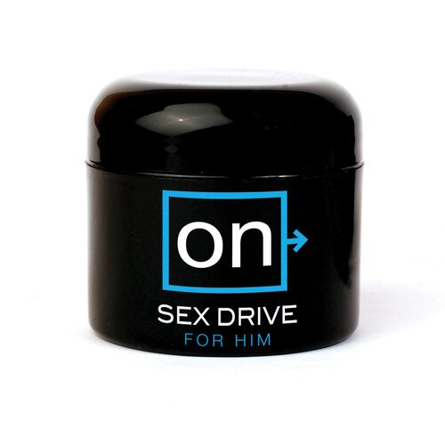 A round black jar of ON sex drive for him on a white background. The label has blue and white accents.