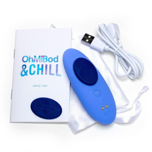 OhMiBod and Chill Wearable panty vibrator with manual, USB charging cable, and satin privacy pouch on a white background
