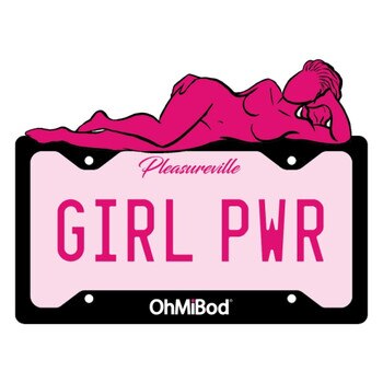 Front view of a sticker featuring a woman laying on a license plate that reads GIRL PWR and the location is pleasureville