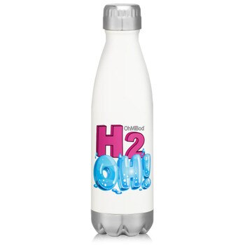 Front View of the OhMiBod H2 OH! Water Bottle 16 ounce stainless steel swig on a white background with bright design