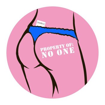 Front view of a sticker featuring a pink backside in a blue thong with a tattoo on the butt reading property of no one