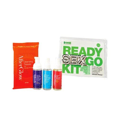 An image of the items in the Ready Sex Go kit and its packaging arranged on a white background.