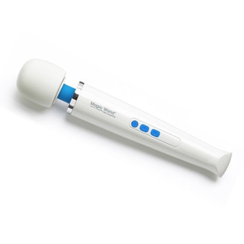 An image of a rechargeable version of the classic white and blue Magic Wand massager lying on a white background