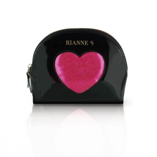 Front view of the Rianne S Kit D'Amour Black Faux patent leather make-up bag with pink glitter heart