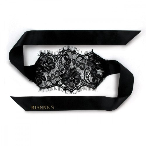 Front view of the Rianne S Kit D'Amour Soft, black lace mask with satin strap